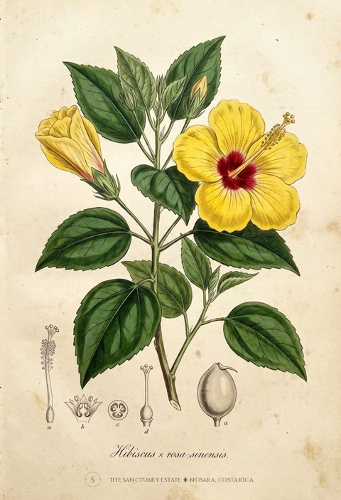 Green Hibiscus (yellow/red) botanical plate